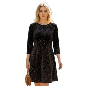 Disturbia Black Velour Floral Dress Women 16 UK20 Knee Length Alined Long Sleeve